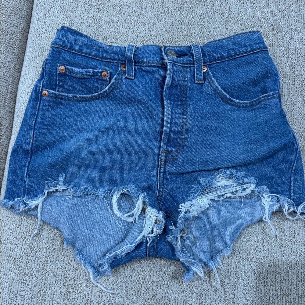 Distressed High-Rise Denim Shorts - Blue #A1107